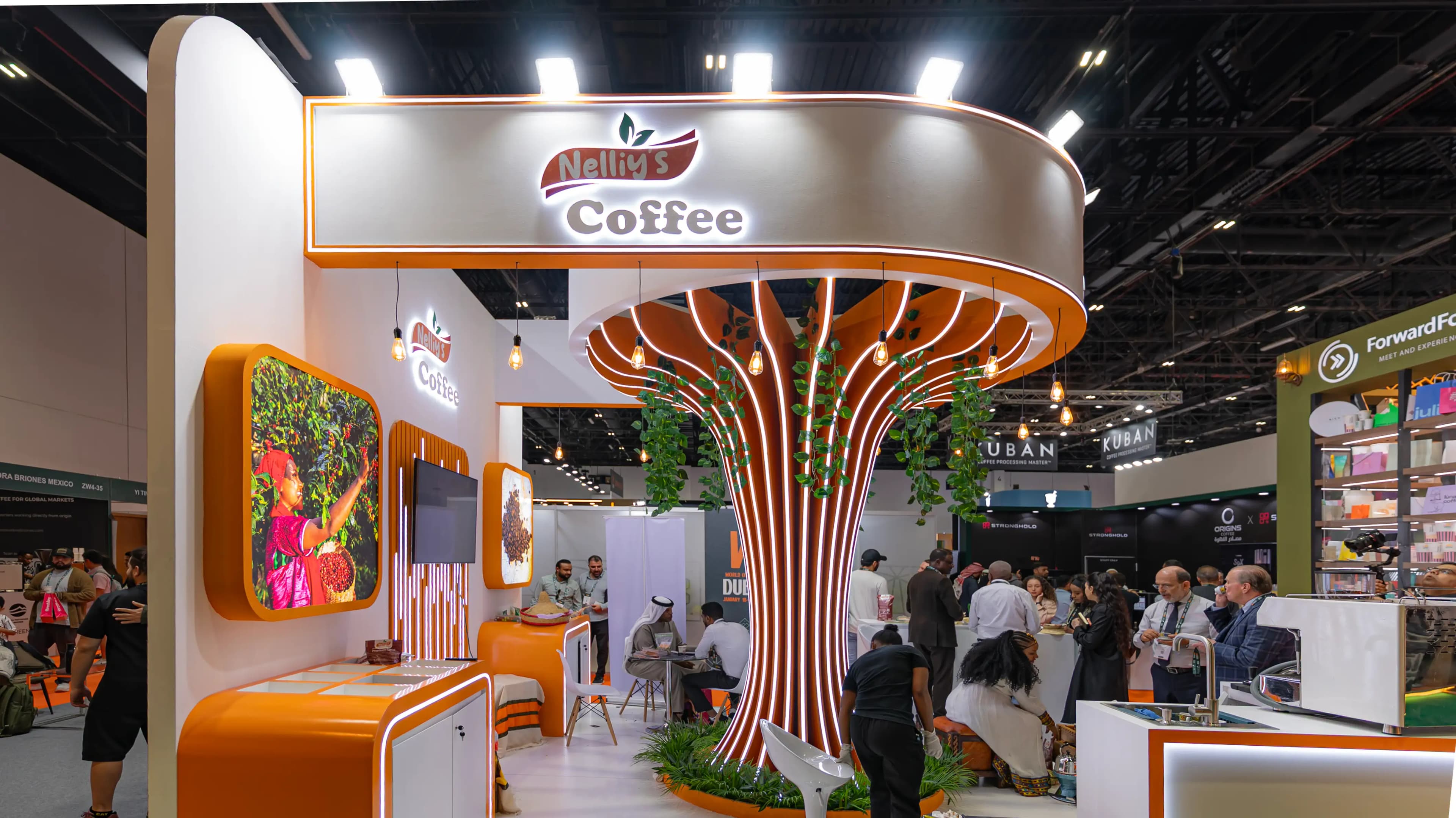 Futuristic digital banking exhibition stand with curved LED surfaces