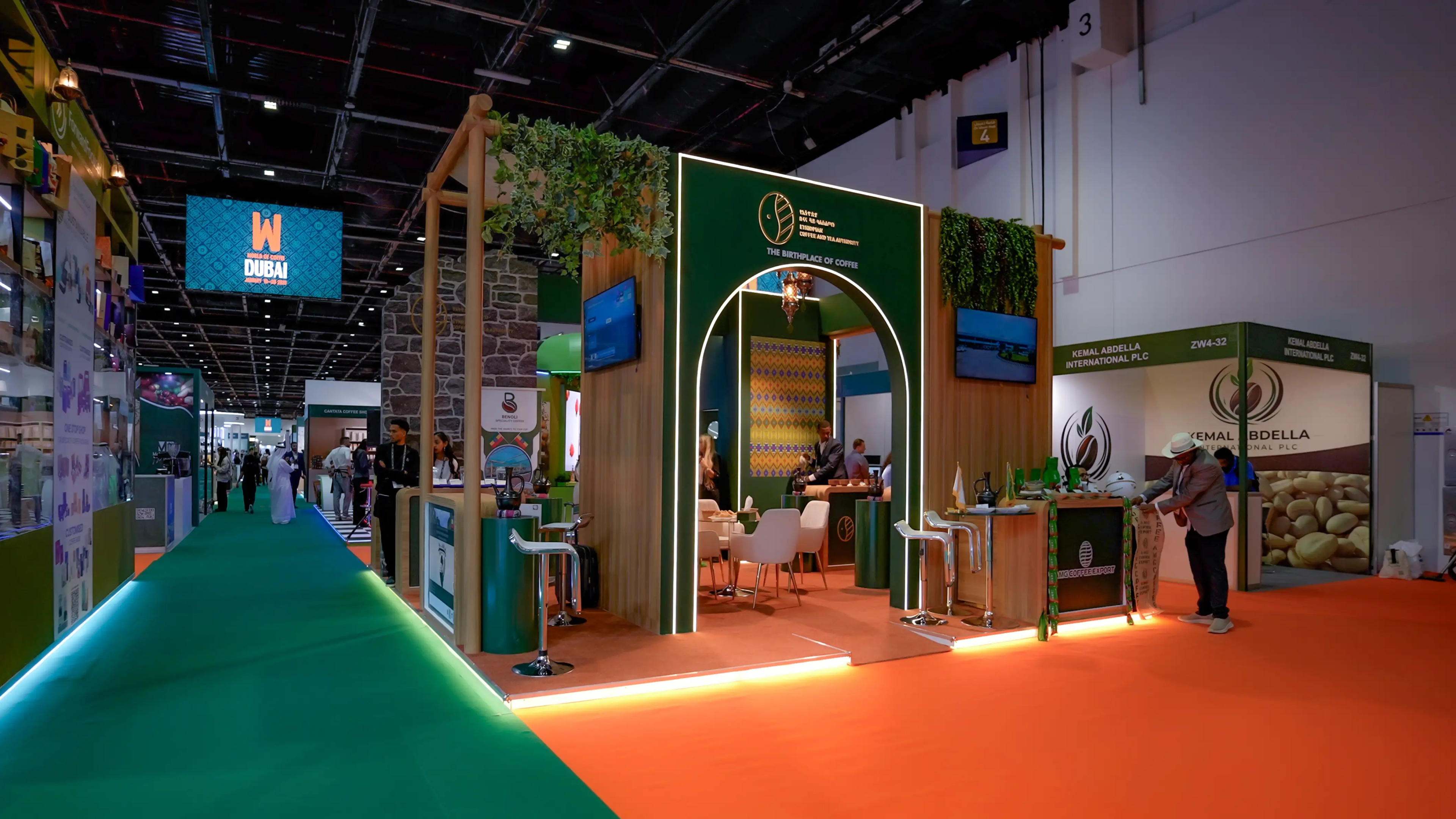 Illuminated archway exhibition pavilion with designer seating and elevated deck